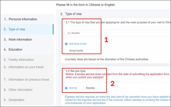 Chọn loại visa muốn xin cấp