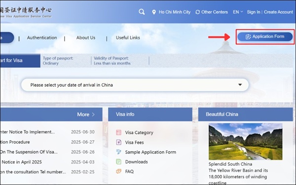 Chọn Application Form để điền đơn xin visa Trung Quốc