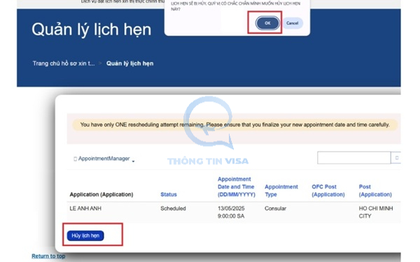 Hủy lịch hẹn phỏng vấn visa Mỹ cũ trên hệ thống