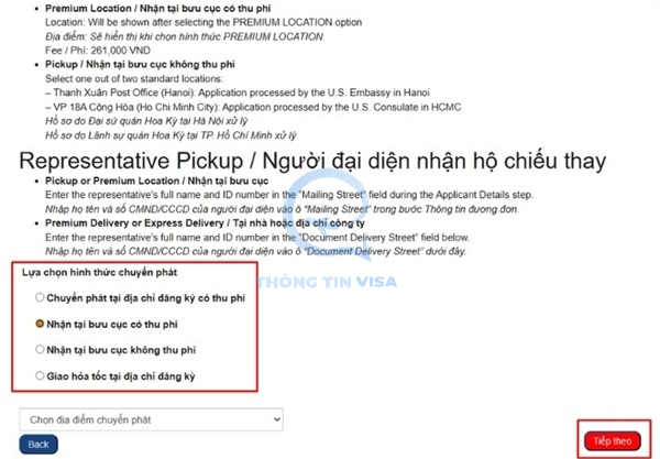 Chọn hình thức nhận hộ chiếu/hồ sơ